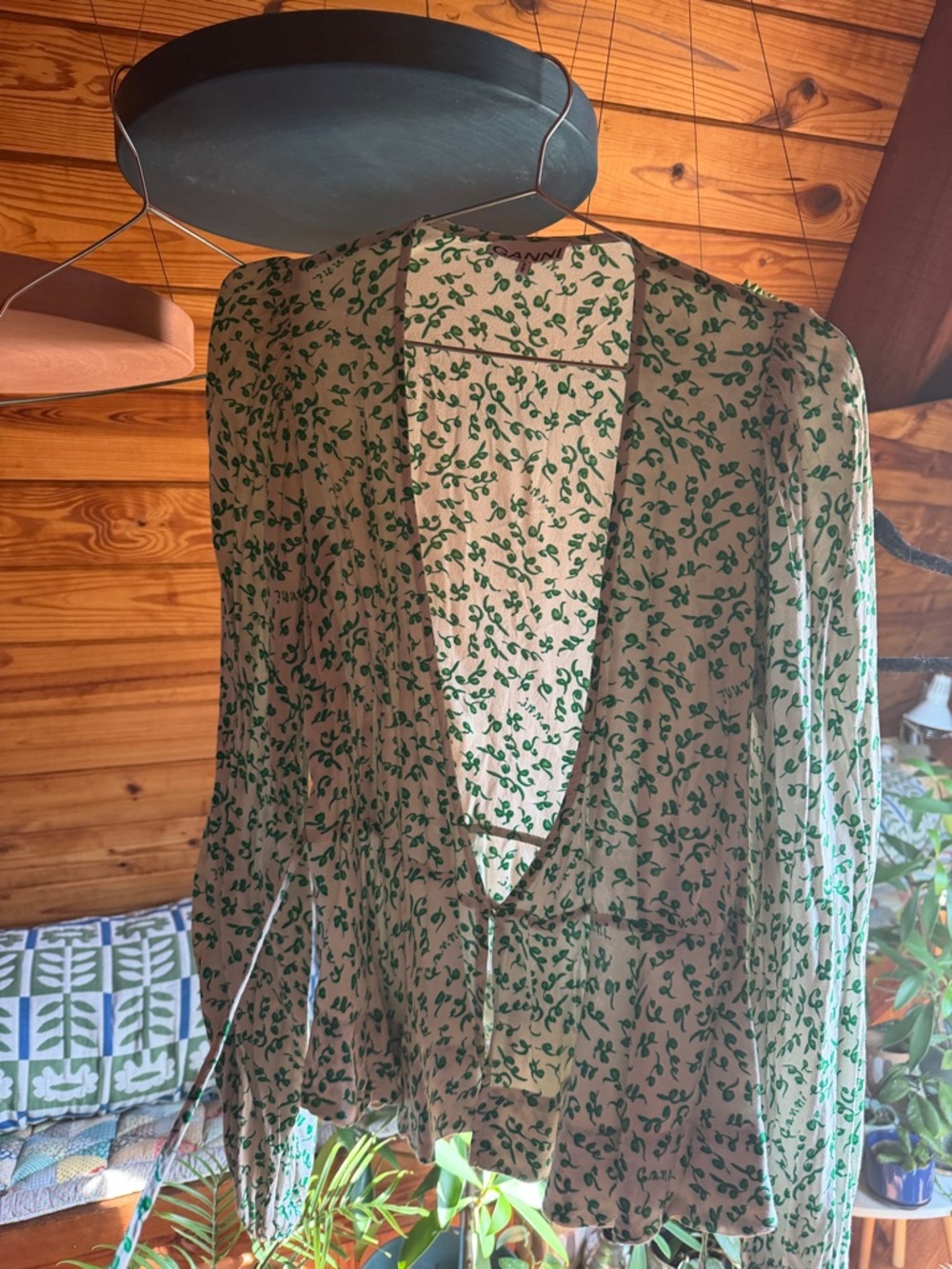 Ganni Green Leaf Print Wrap Blouse Long Sleeve Size 36 (US 4/S)